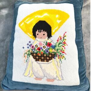 Ted DeGrazia Needlepoint Pillow Yellow Hat Flower Girl Blue Velvet Vintage 12x14
